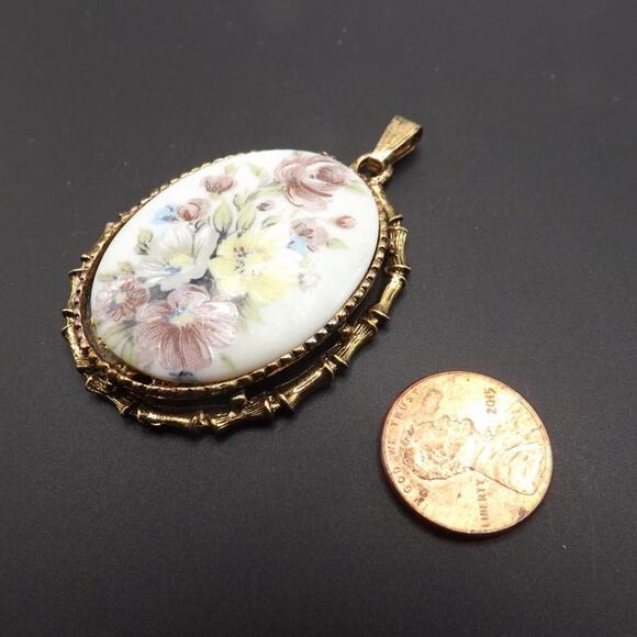 Vintage Floral Porcelain Oval Pendant, Bamboo Design Frame, No Chain, 2 3/8 Inch - Picture 9 of 10